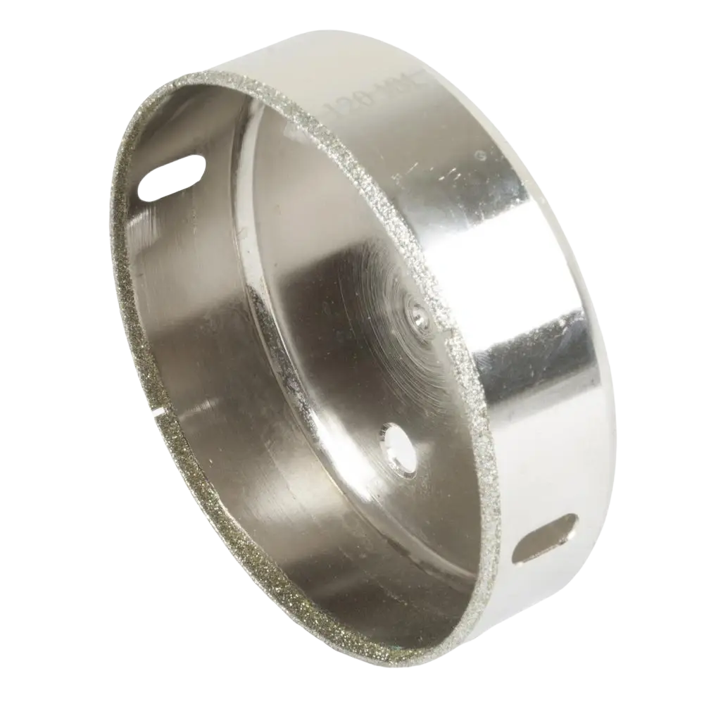Silver-colored diamond-tipped timanttireikäsaha procat 120 mm with three rectangular slots for lasin poraamiseen