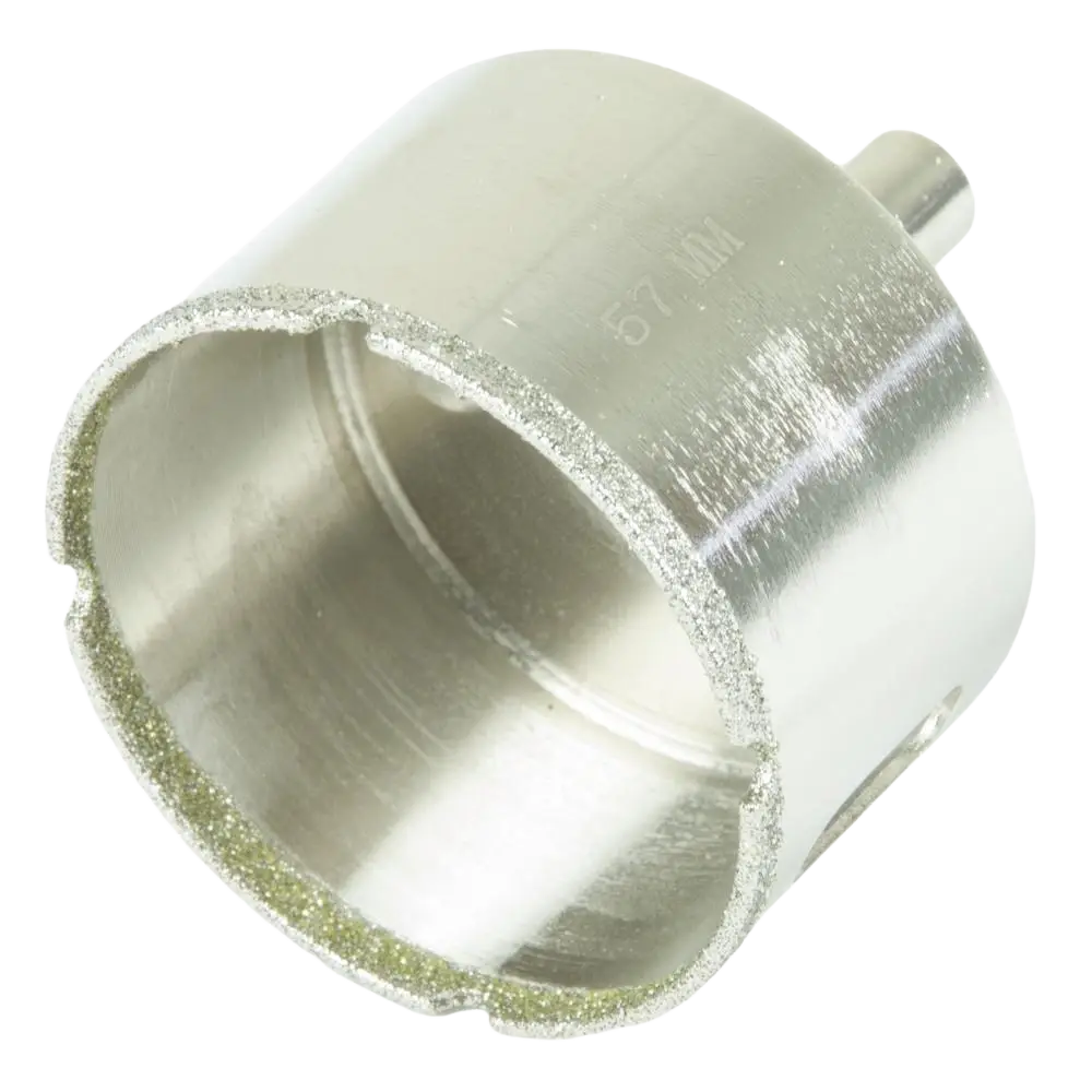 Silvervärinen metallinen timanttireikäsaha procat 57 mm, säädettävällä laipalla ja timanttipäällysteisellä terällä tarkkaan reikien poraukseen