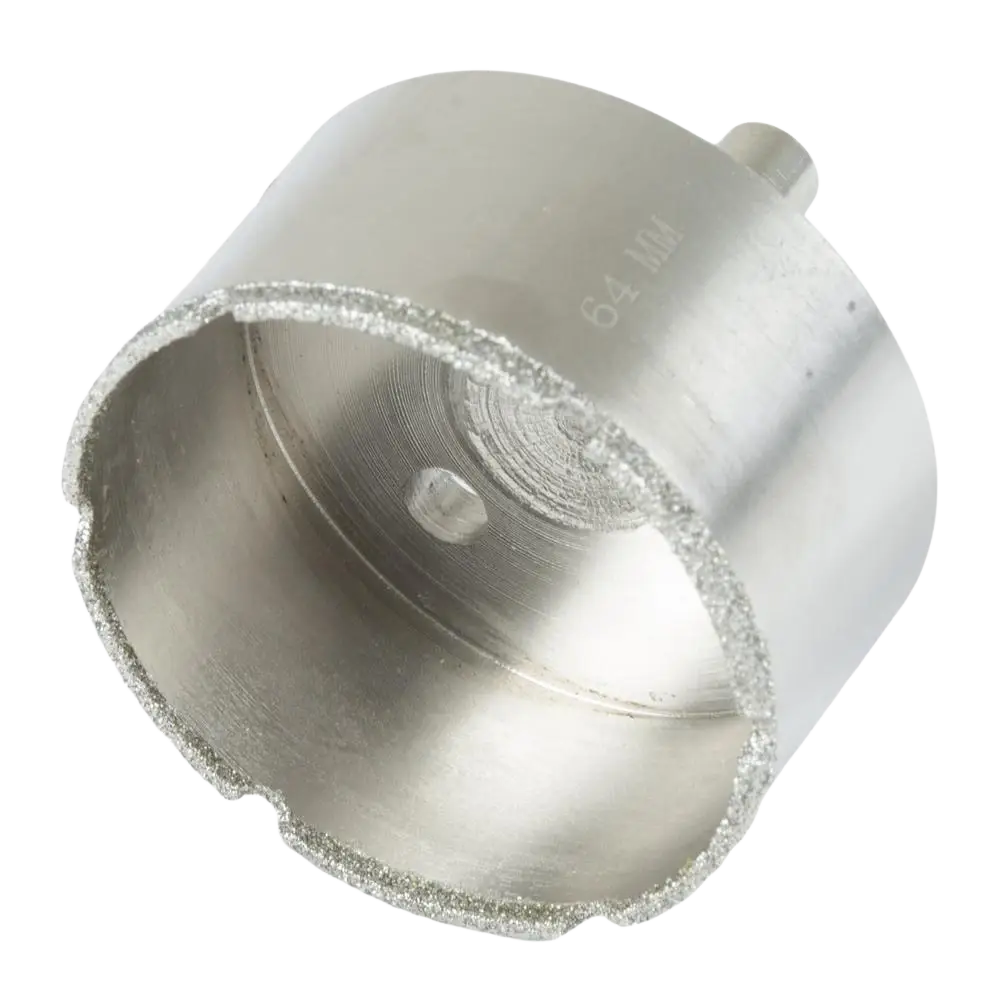 Silver-colored metal hole saw procat 64 mm with diamond-coated edge and engraved size 64 1/8 for lasin poraamiseen