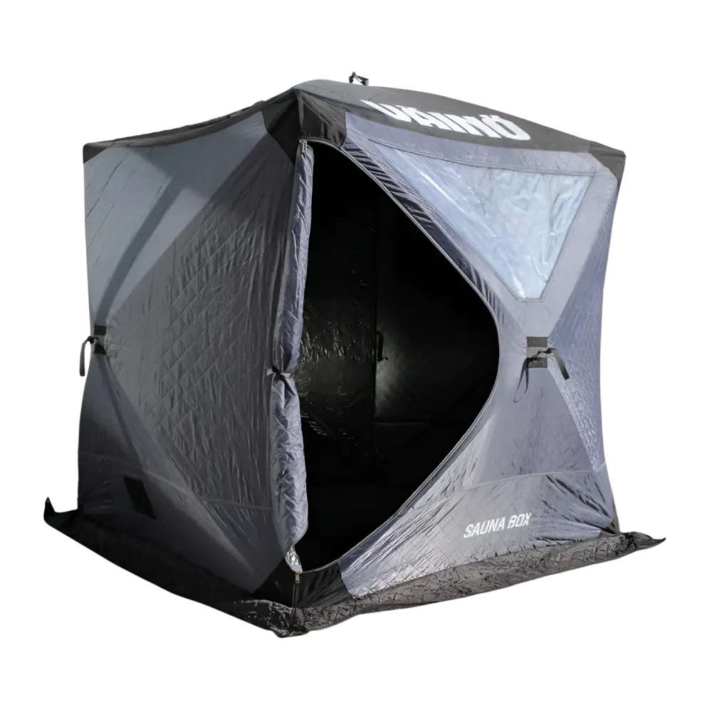 Gray and black insulated väinö sauna box pop up saunateltta with transparent window panel for ice fishing sauna