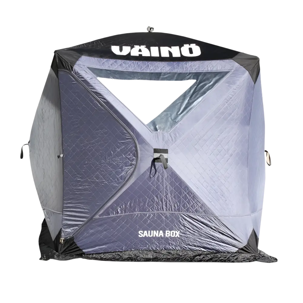 Gray and black quilted fabric väinö sauna box ice fishing sauna tent with triangular window and vaino branding on top