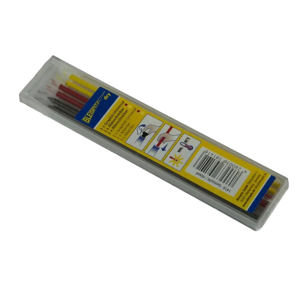A clear plastic case containing a varalyijy bleispitz dry colored graphite pencil set with yellow and red leads and black ferrules