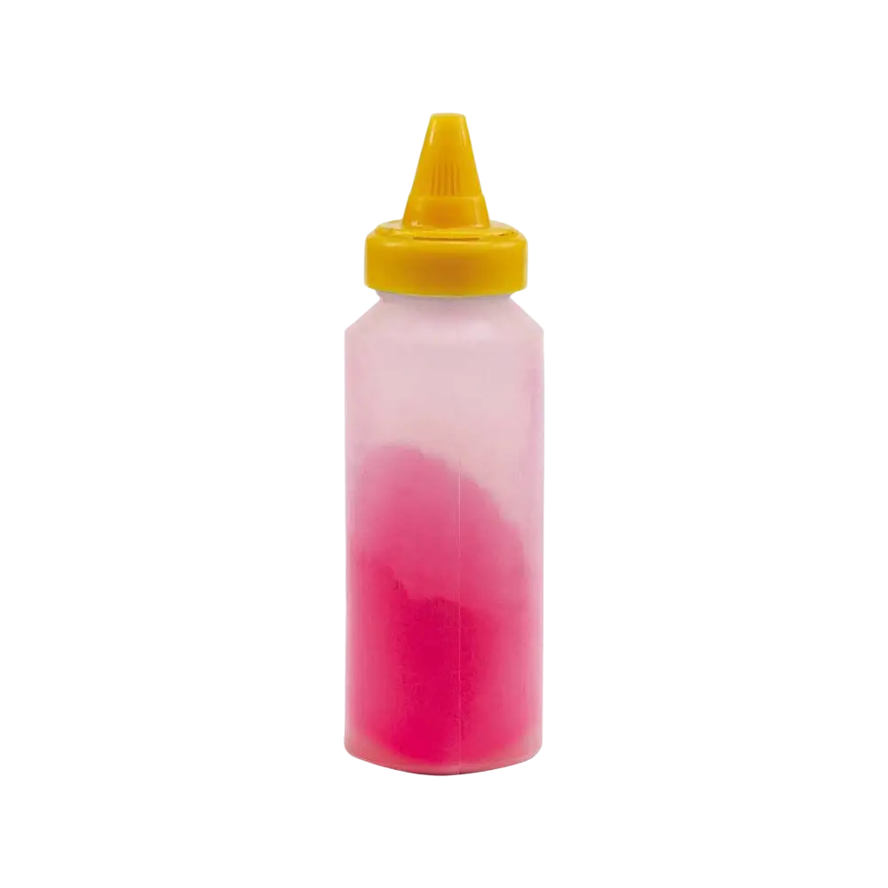A translucent pink plastic squeeze bottle with yellow cap containing vorel merkkauslankaväri punainen 115g