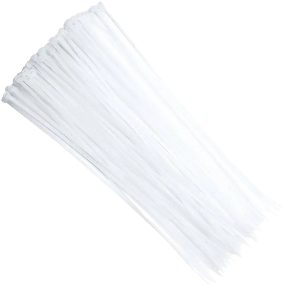 A bundle of clear plastic vorel nippuside valkoinen 2.5 x 80 mm zip ties for securing cables and items