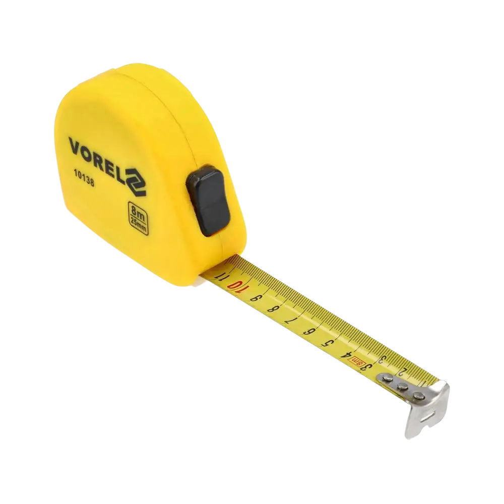 Vorel rullamitta 8 m x 25 mm muovirunko keltainen mittanauha pysyy pystyssä kappaleen reunaan mittaamiseen