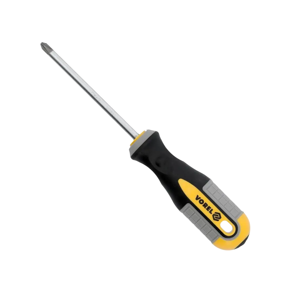 Vorel ruuvimeisseli ph2 x 100 mm crv keltamusta ruuvimeisseli jossa teksturoitu ote helpottaa ruuvien käsittelyä