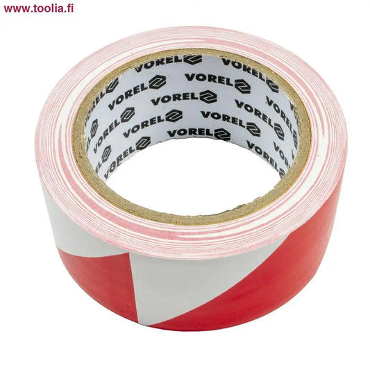Vorel Varoitusteippi 48mm x 33m  punainen/valkoinen|Vorel varoitusteippi pakkauksessa|Varoitusteippi levitettynä|Varoitusteippirulla betonilattialla