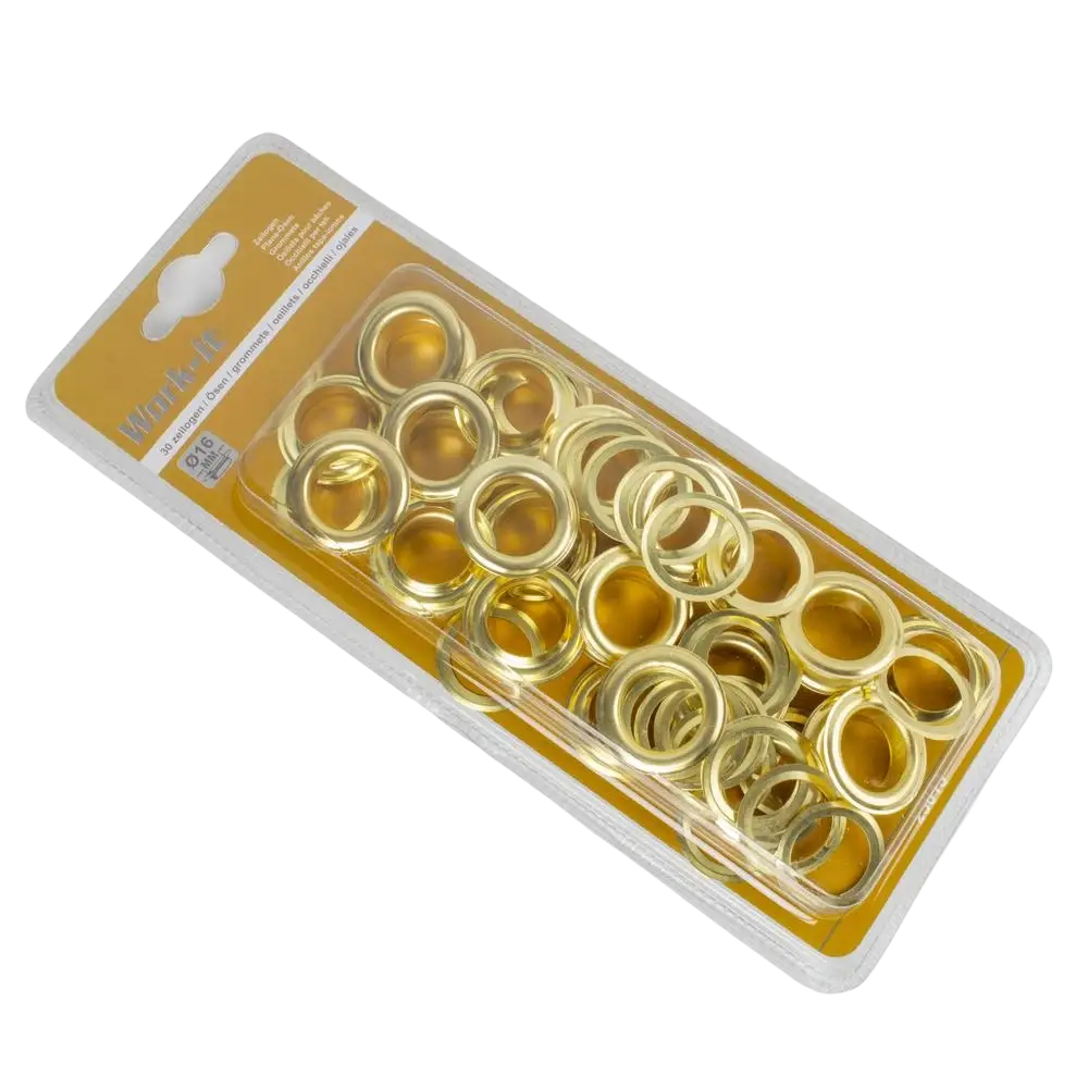 A package of 30 work plus purjerengas 16 mm gold-colored metal grommets for peitteiden kiinnitysreikien in clear blister pack