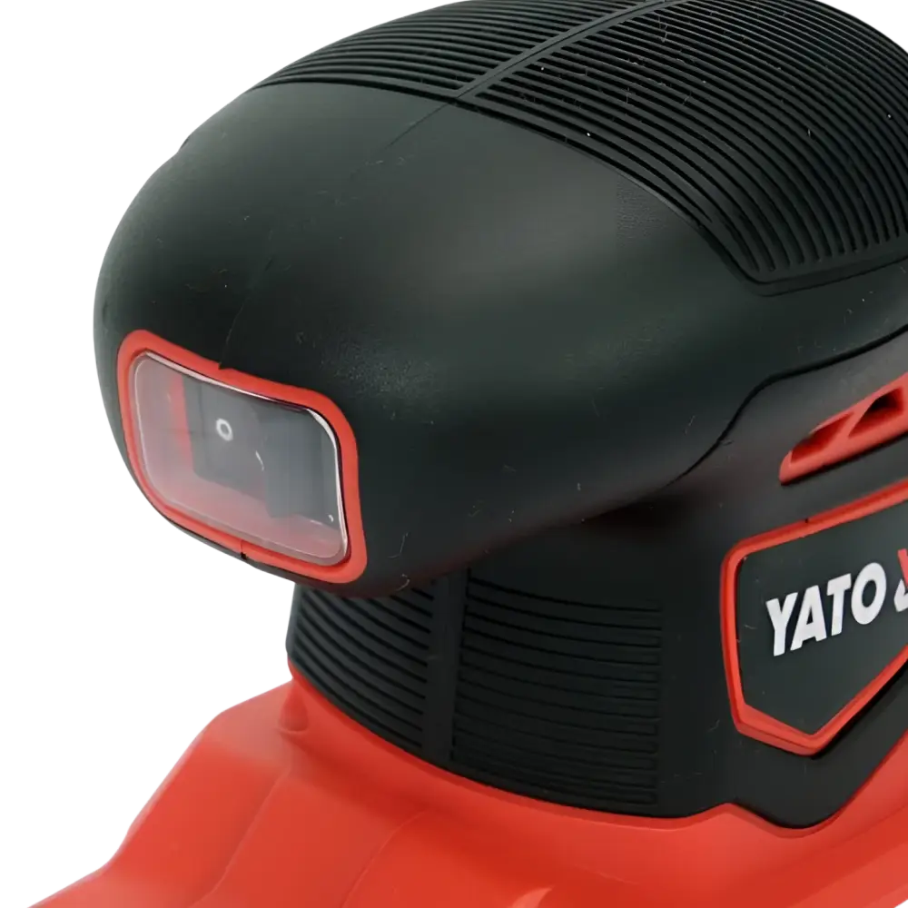 Yato akkuepäkeskohiomakone 18v 125 mm musta ja punainen runko teksturoidulla otteella yato 18v li-ion