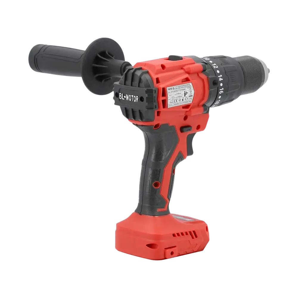 Red and black yato akkuiskuporakone 18v cordless drill with textured grip handle and brushless motor