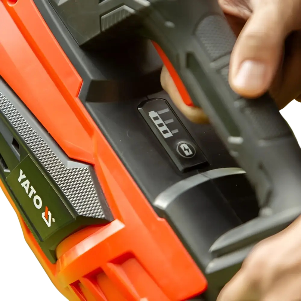 Yato akkukäsijyrsin 18v 3-in-1 runko oranssi musta, teksturoitu kahva ja akun varaustilan ilmaisin