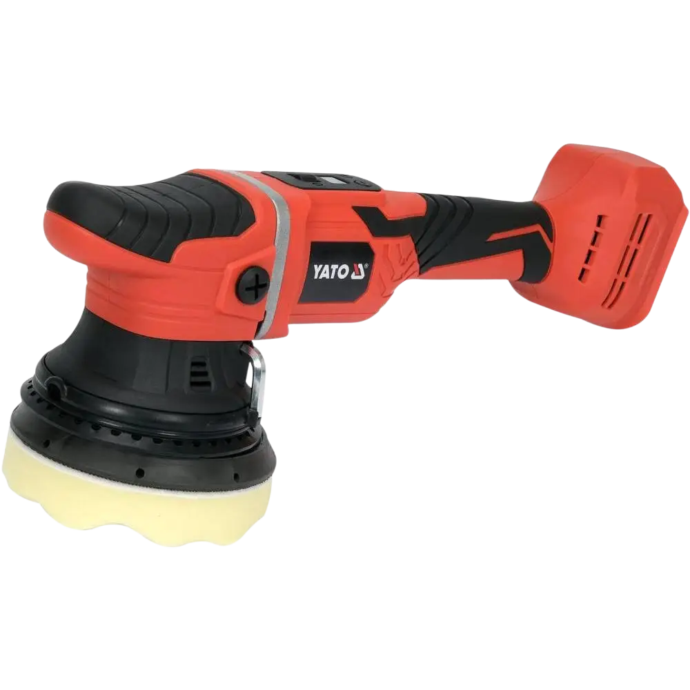 Red and black yato akkukiillotuskone 18v 125 mm runko with yellow foam polishing pad for precise polishing tasks