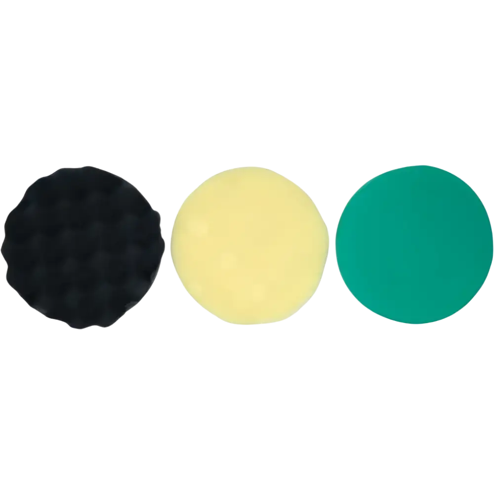 Set of three circular foam polishing pads in black yellow and green for yato akkukiillotuskone 18v 125 mm runko