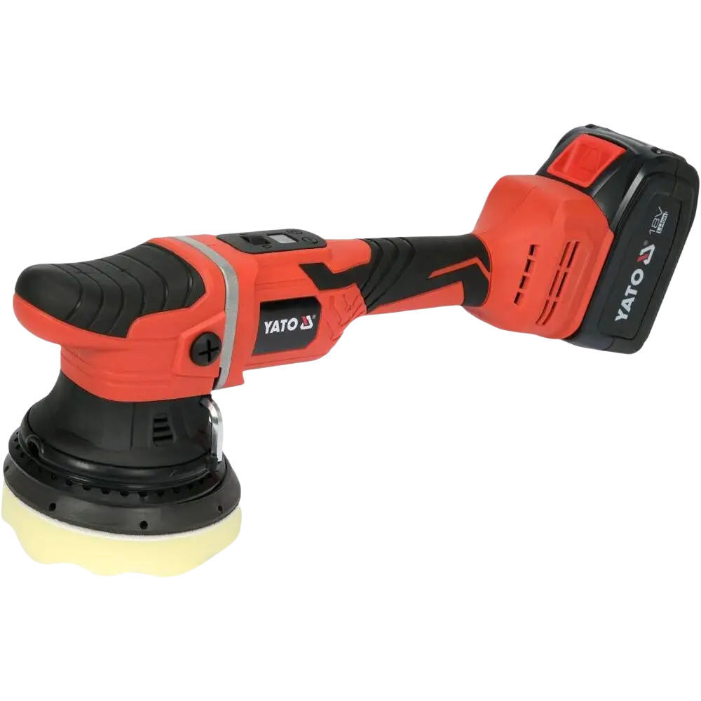 Red and black yato akkukiillotuskone 18v li-ion cordless orbital sander with yellow polishing pad and 4 ah battery kit