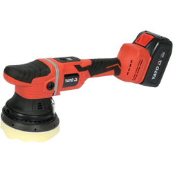Red and black yato akkukiillotuskone 18v li-ion cordless orbital sander with yellow polishing pad and 4 ah battery kit