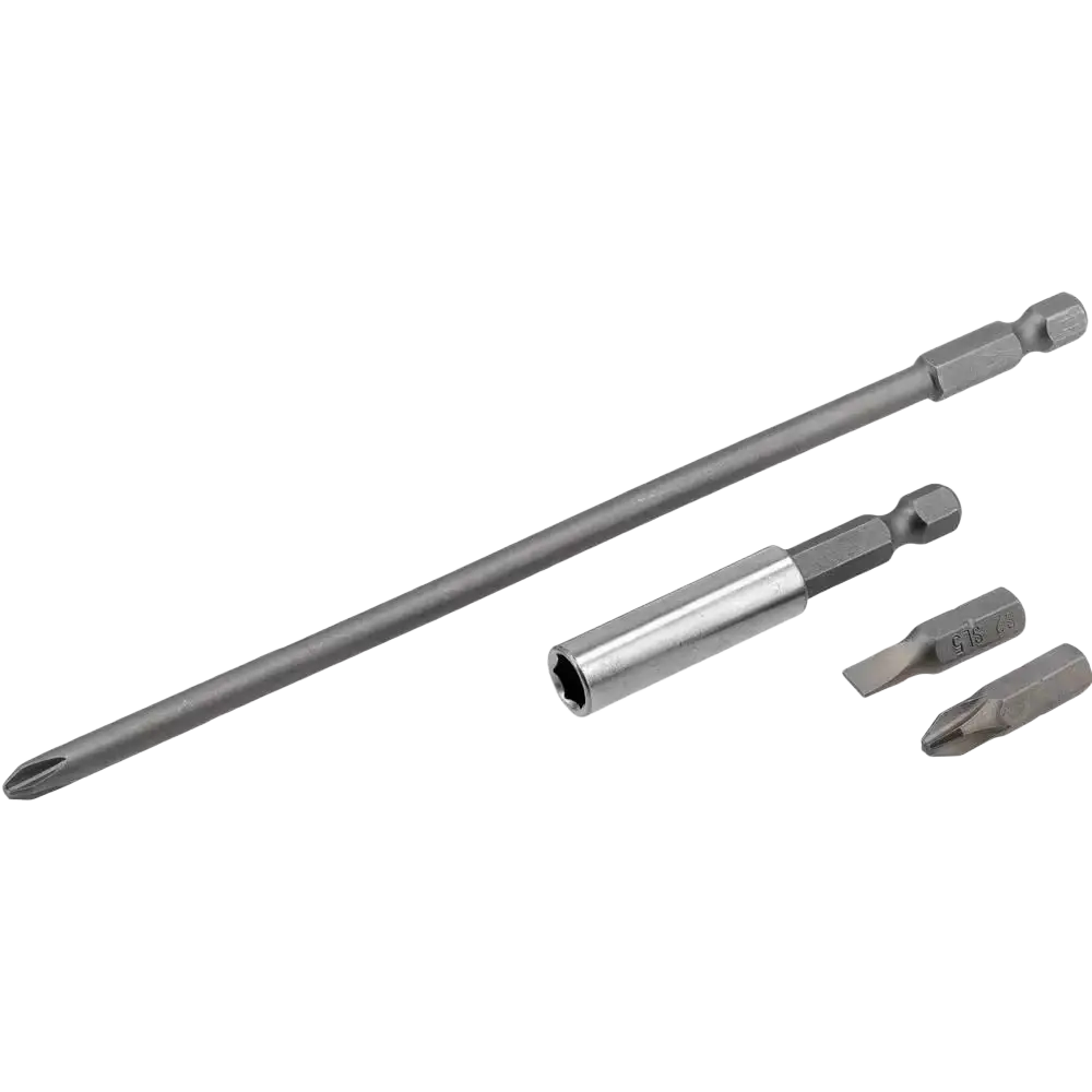 Setti metallisia ruuvimeisselin kärkiä pitkässä varressa eri tyypeillä yato yt-82075 li-ion akku täyteen sähköiseen varaukseen