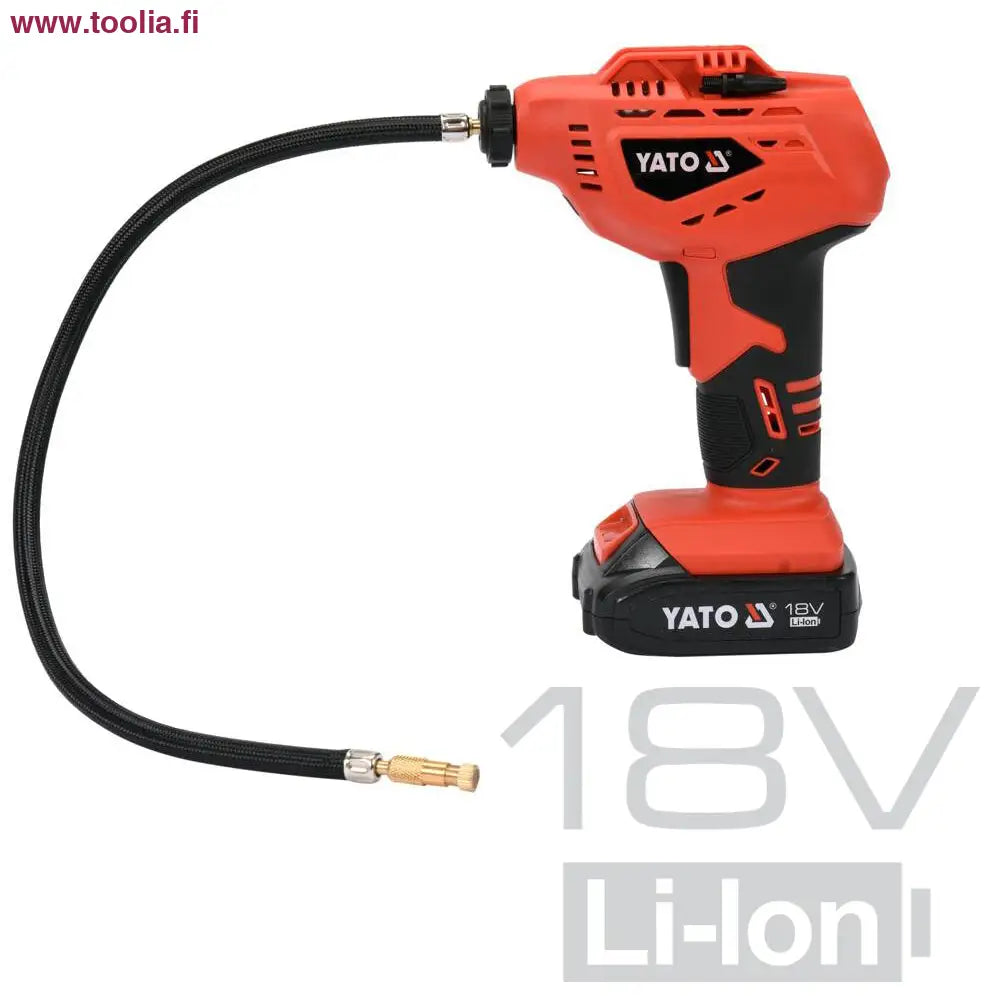 Yato Akkukompressori 18V + 2.0 AH akku ja laturi sarja|Yato Akkukompressori painemittari|Yato Akkukompressori jalkapallosuutin|Yato Akkukompressori pyöräsuutin|Yato Akkukompressori suutinpidike|Yato Akkukompressori suutin