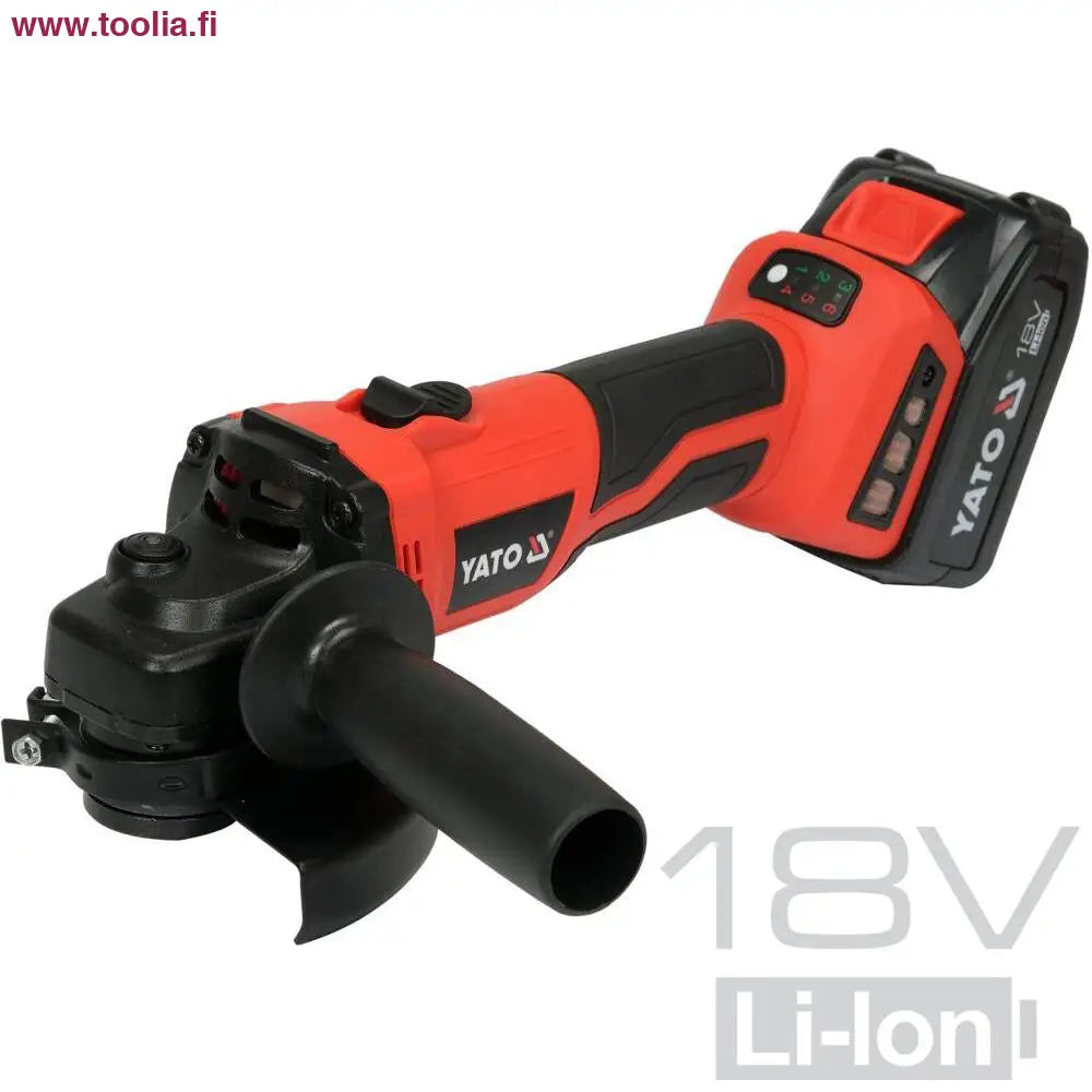Yato Akkukulmahiomakone 18V 125 mm + 4 Ah akku ja laturi|Yato Akkukulmahiomakone 18V 125 mm + 4 Ah akku sivulta|Yato Akkukulmahiomakone 18V 125 mm sarja|Yato Akkukulmahiomakone 18V 125 mm takaa|Yato Akkukulmahiomakone 18V 125 mm kara|Yato Akkukulmahiomakone 18V 125 mm + 4 Ah akku akkuilmaisin
