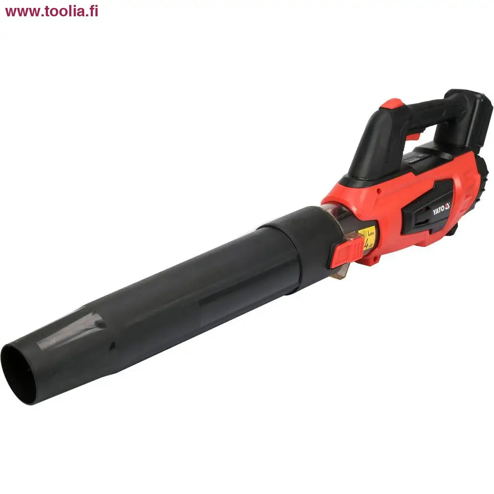 Yato Akkulehtipuhallin 18V runko|Yato Akkulehtipuhallin varausilmaisin|Yato Akkulehtipuhallin kädessä|Yato Akkulehtipuhallin akkuilmaisin|Yato Akkulehtipuhallin sivulta