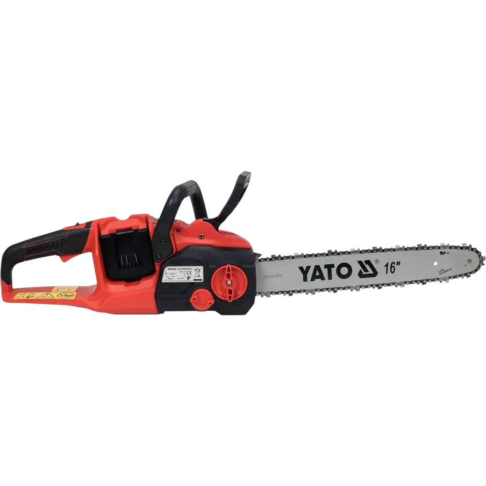 Punainen ja musta yato 18v akkumoottorisaha 16 tuuman hopealla ketjubarilla puiden kaatoon yato yt-828132