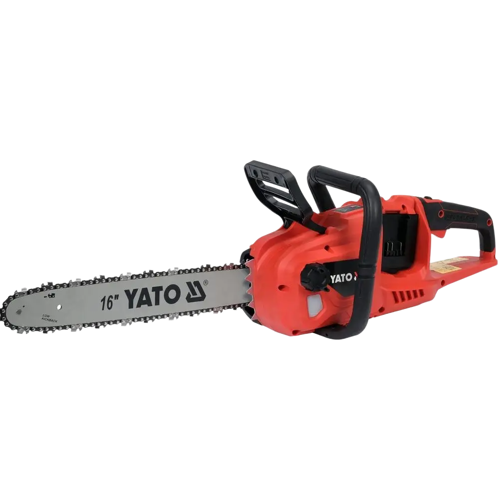 Red and black yato akkumoottorisaha 16 inch 2x18v runko with silver chain bar for puiden kaatoon yato yt-828132