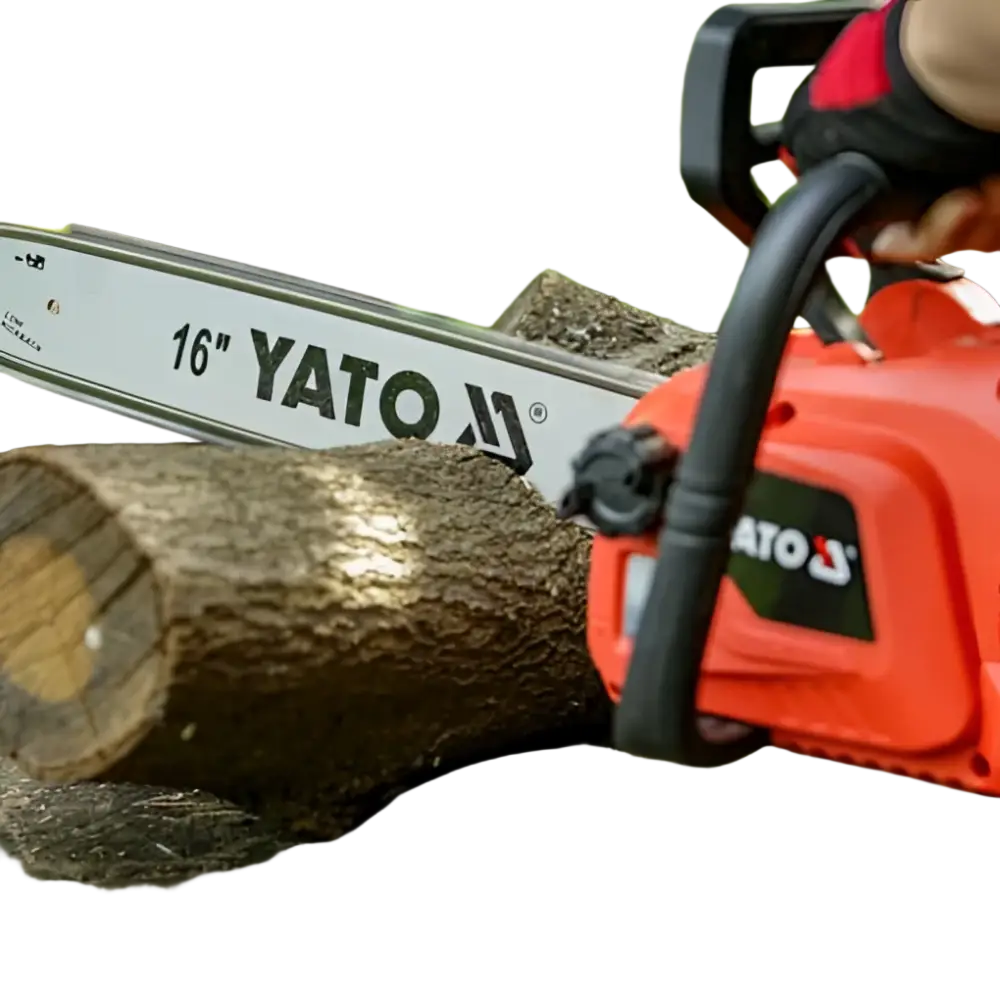 Punainen ja musta yato 18v akkumoottorisaha 16 tuuman metalliterällä puiden kaatoon malli yt-828132