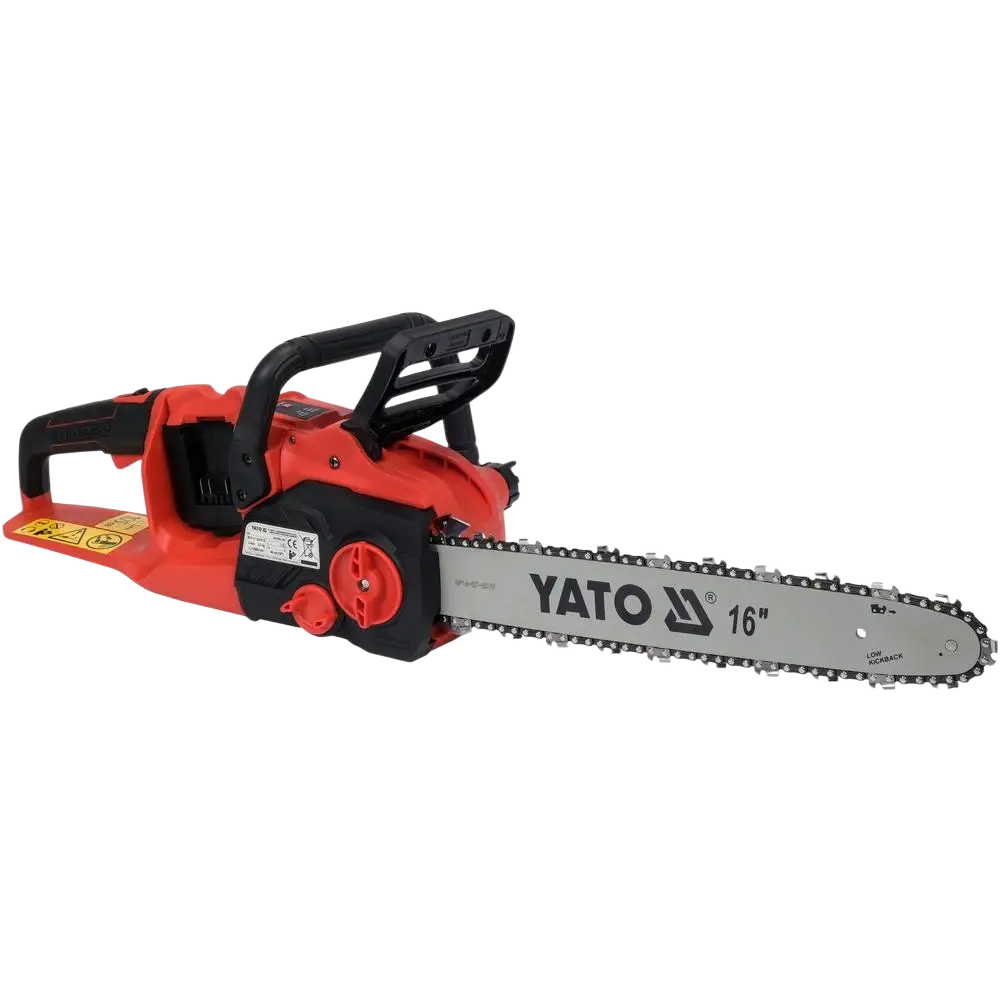 Punainen ja musta yato 18v akkumoottorisaha 16 tuuman ketjuterällä puiden kaatoon malli yt-828132