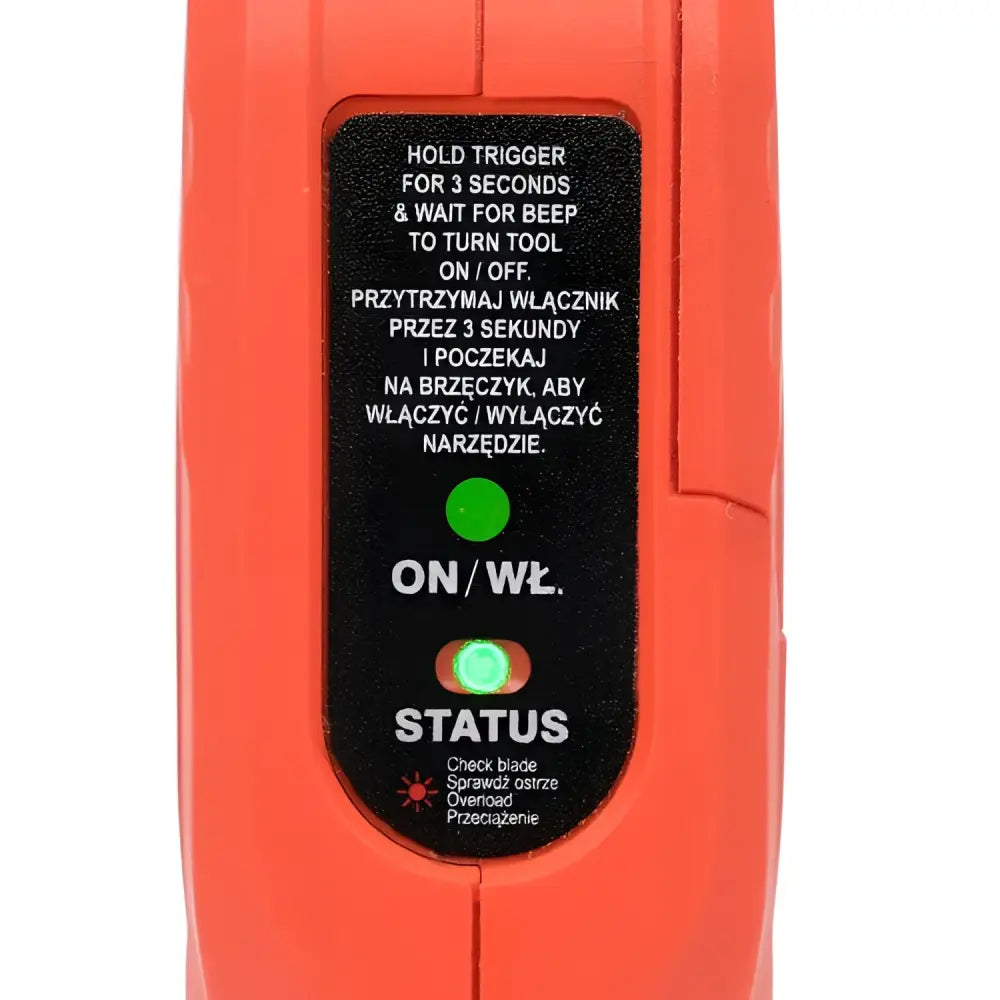 Oranssi muovinen yato yt-828377 18v akkuoksasakset mustalla ohjauspaneelilla ja vihreillä merkkivaloilla leikkausta minuutissa