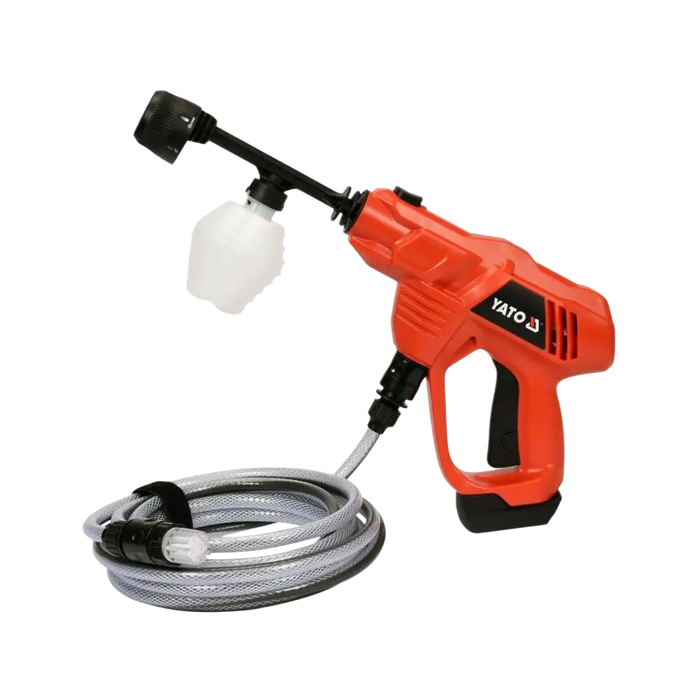 Bright orange yato akkupainepesuri 18v electric car wash gun with black accents and coiled gray hose 23 bar runko