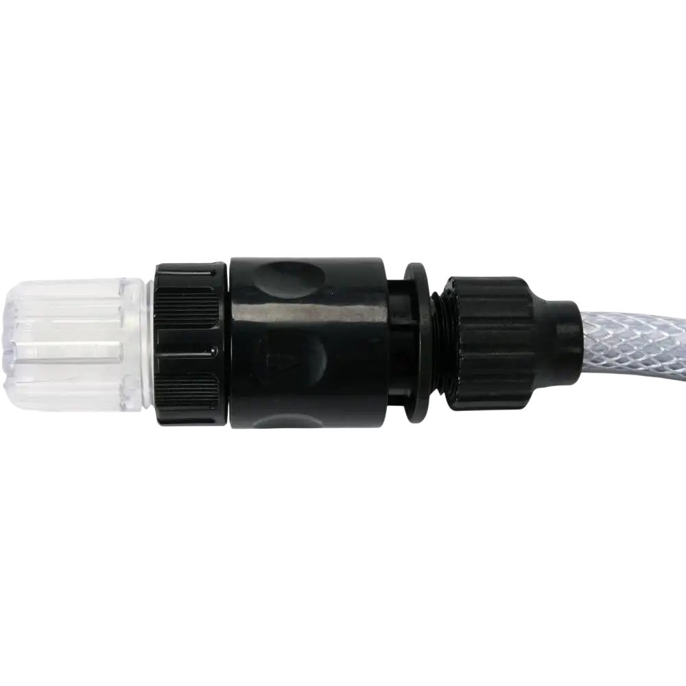 Black plastic connector with clear ribbed knob and braided gray hose attached to yato akkupainepesuri 18v 23 bar runko