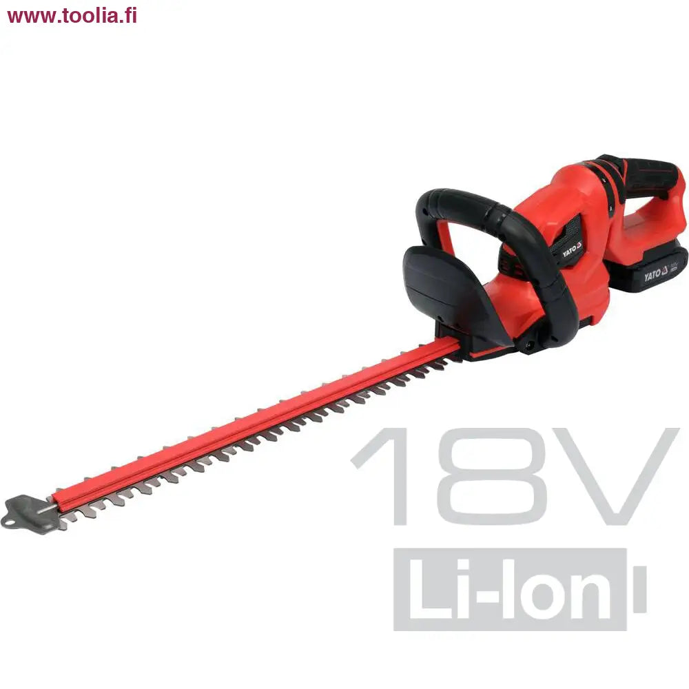 Yato Akkupensasleikkuri 18V 45 cm + 2.0 Ah akku ja laturi|Yato Akkupensasleikkuri 18V 45 cm sivulta|Yato Akkupensasleikkuri 18V 45 cm edestä|Yato Akkupensasleikkuri 18V 45 cm kahva|Yato Akkupensasleikkuri 18V 45 cm kahva|Yato Akkupensasleikkuri 18V 45 cm myyntipakkaus