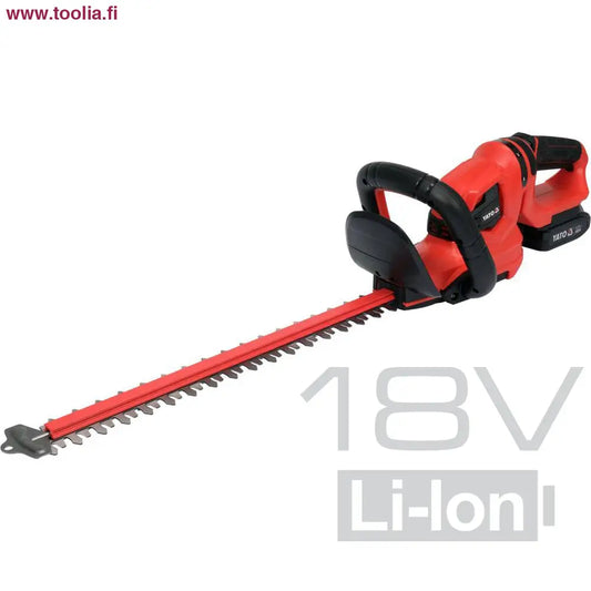 Yato Akkupensasleikkuri 18V 45 cm + 2.0 Ah akku ja laturi|Yato Akkupensasleikkuri 18V 45 cm sivulta|Yato Akkupensasleikkuri 18V 45 cm edestä|Yato Akkupensasleikkuri 18V 45 cm kahva|Yato Akkupensasleikkuri 18V 45 cm kahva|Yato Akkupensasleikkuri 18V 45 cm myyntipakkaus