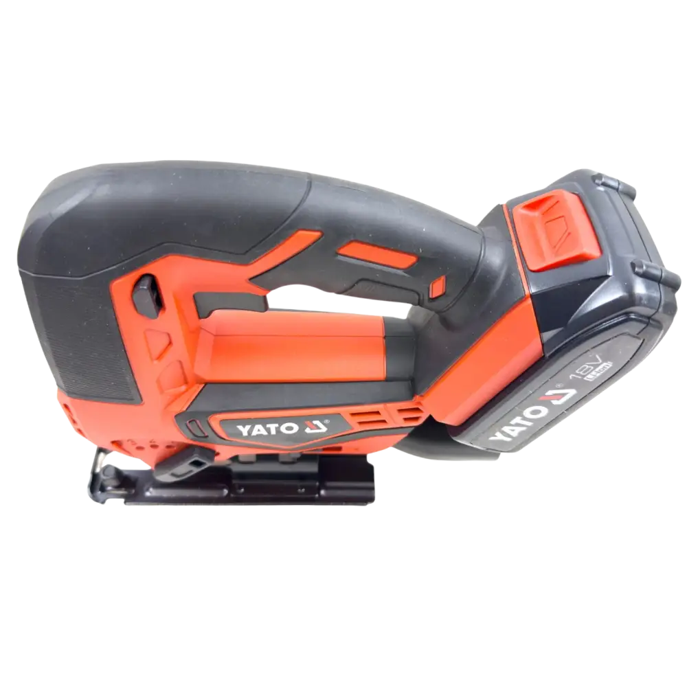 Yato akkupistosaha 18v oranssi ja musta ergonomisella kahvalla muovin sahaamiseen akkusarjalla