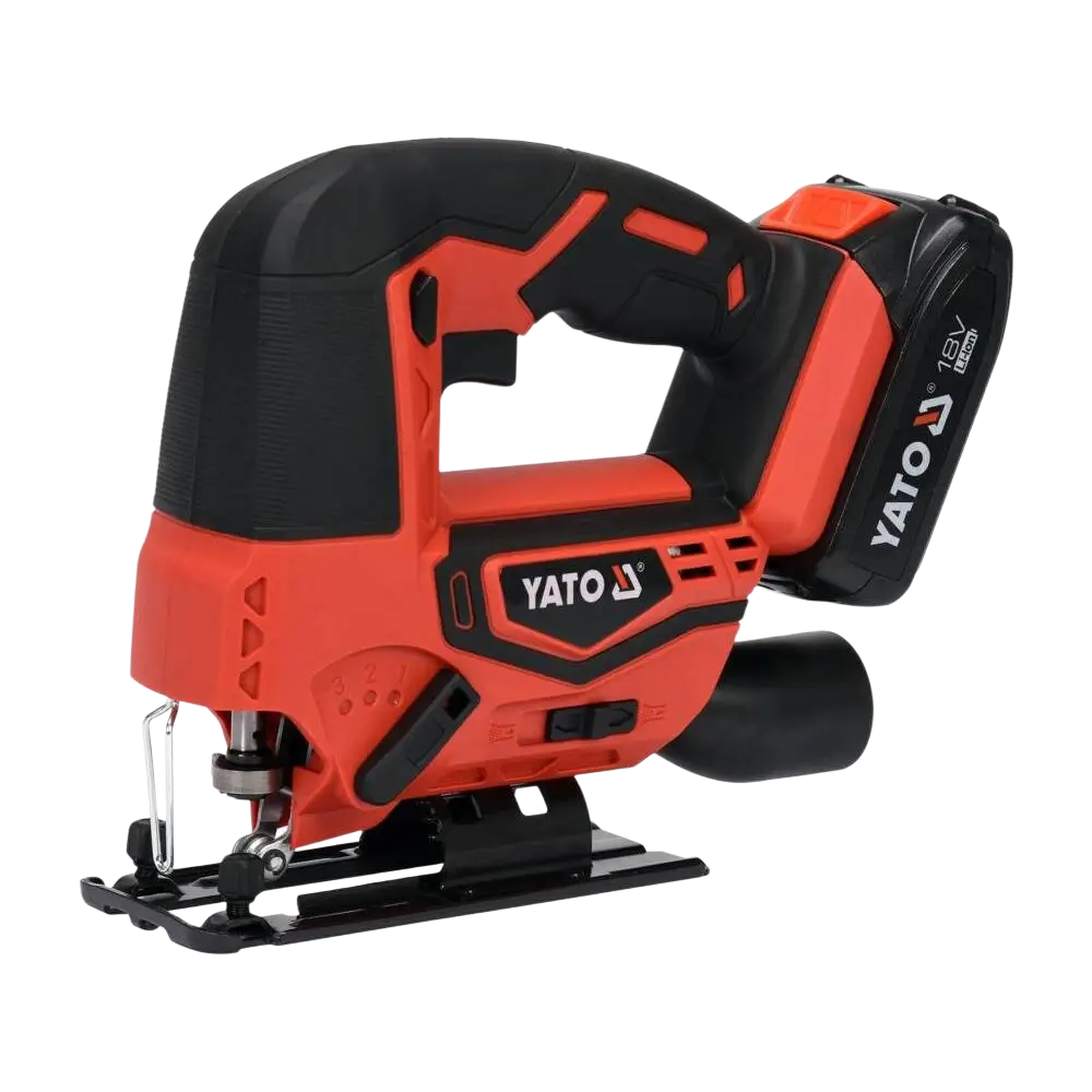 Yato akkupistosaha 18v li-ion akkukäyttöinen punamusta saha ergonomisella otteella ja lataussarjalla
