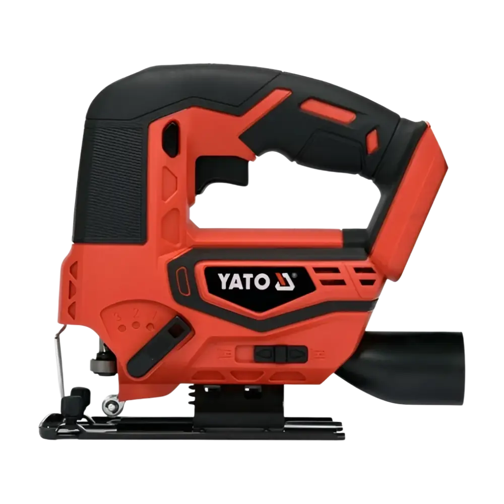Red and black yato akkupistosaha 18v cordless jigsaw with ergonomic grip design for precise cutting tasks