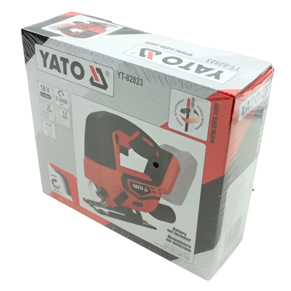 Red and black yato akkupistosaha 18v cordless jigsaw yt-82823 retail packaging with durable design