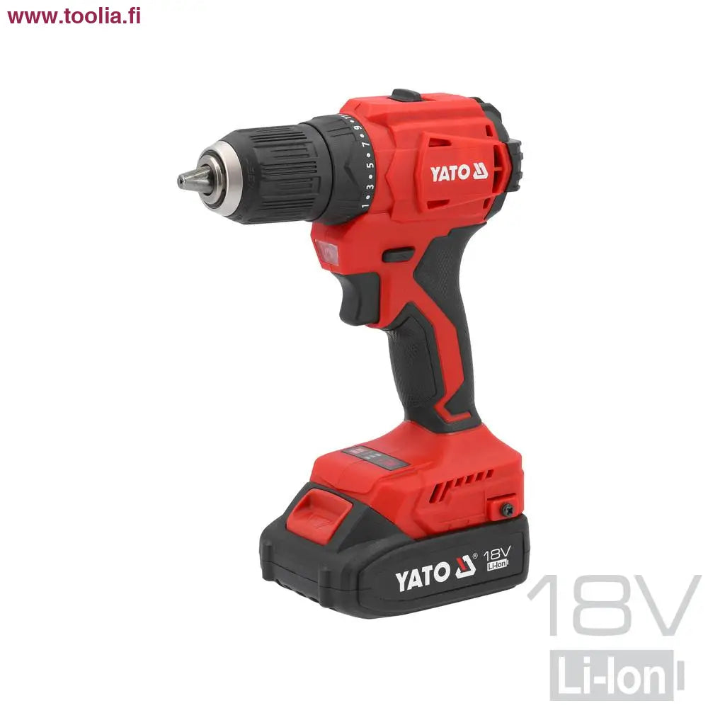 Yato Akkuporakone 18V 45Nm + 18V 2 AH akku ja laturi sarja|Yato akkuporakone ja akku kärki|Yato akkuporakone ja akku takaa|Yato akkuporakone ja akku liipaisin