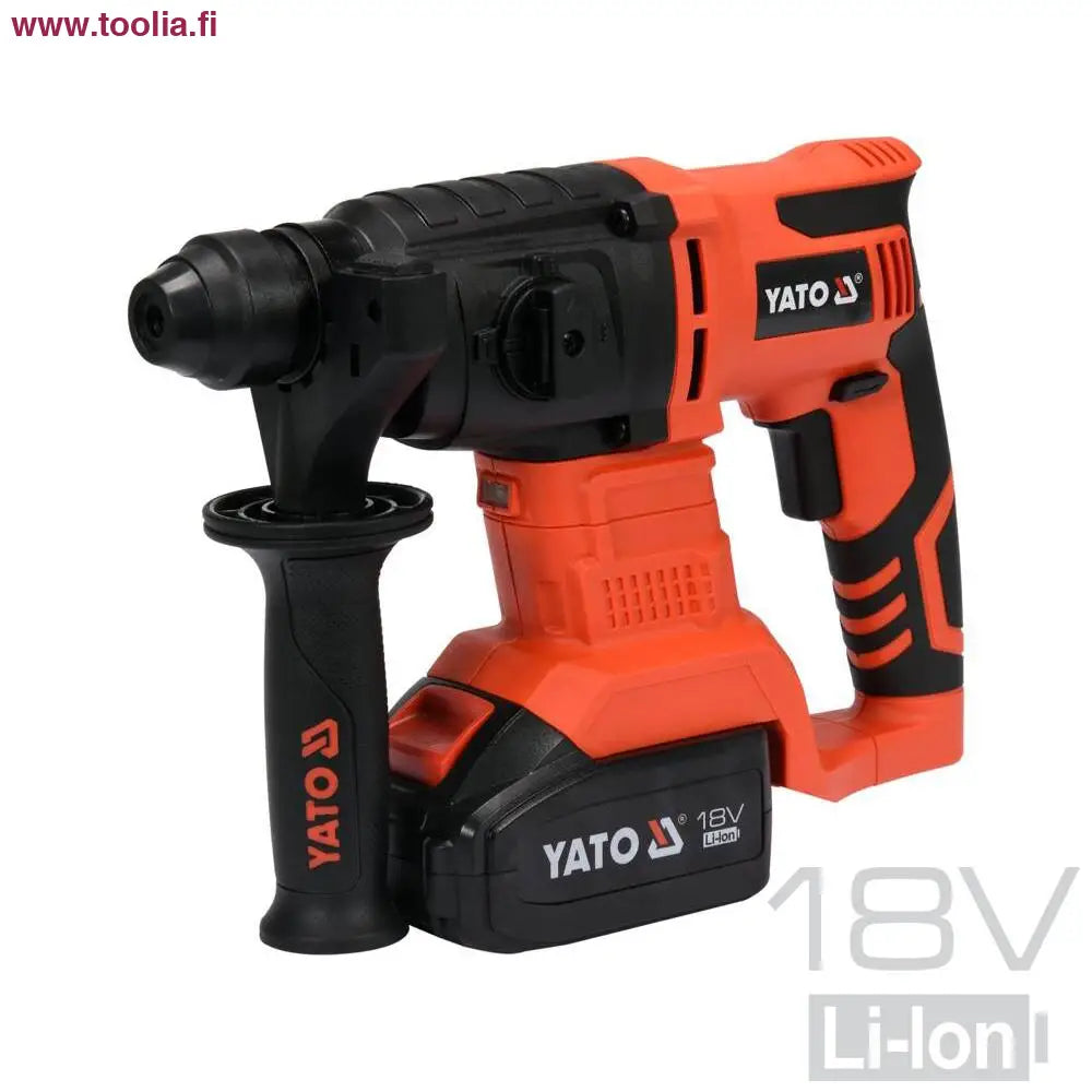 Yato Akkuporavasara SDS+ 18V 24 mm + 18V 3 AH akku ja laturi|Yato 18V SDS+ akkuporavasara laatikko|Yato 18V SDS+ akkuporavasara pakkauksessa|Yato 18V SDS+ akkuporavasara sivulta