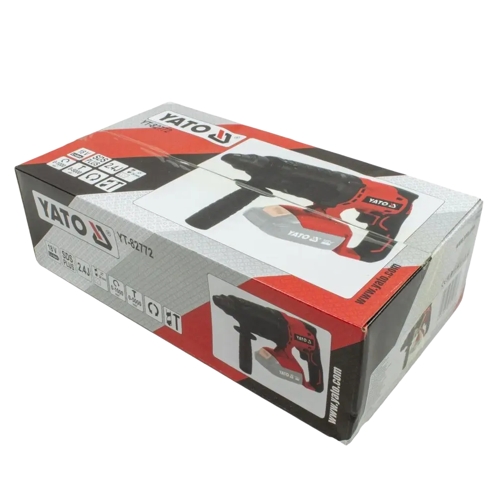 Punainen ja musta yato 18v li-ion akkuporavasara yt-827t2 SDS+ 18v 24 mm pakkausmateriaalissa