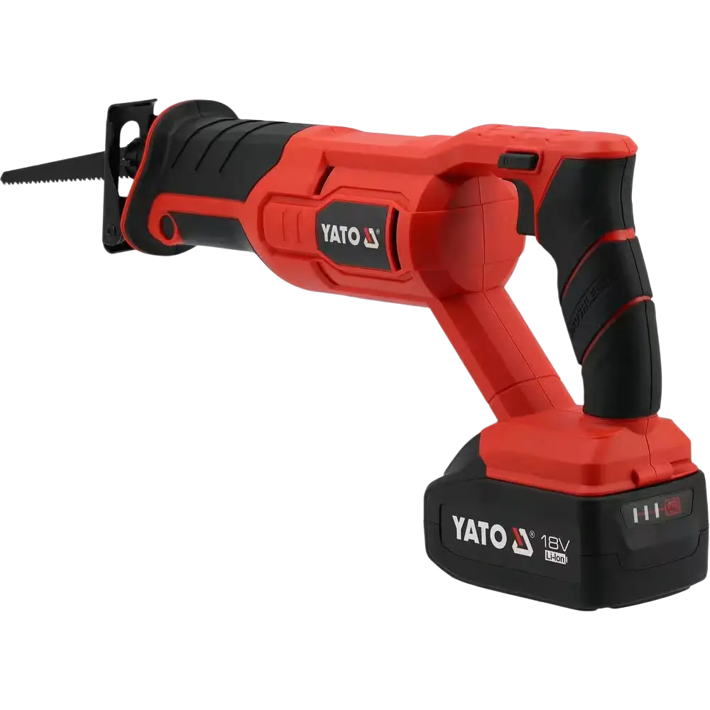 Red and black yato yt-828151 18v akkupuukkosaha with li-ion akku and textured grip handle for efficient cutting