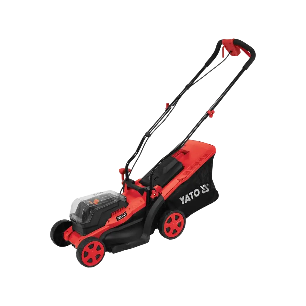 Red and black yato akkuruohonleikkuri 2 x 18v with li-ion battery for keskikokoisille pihoille yhdellä latauksella