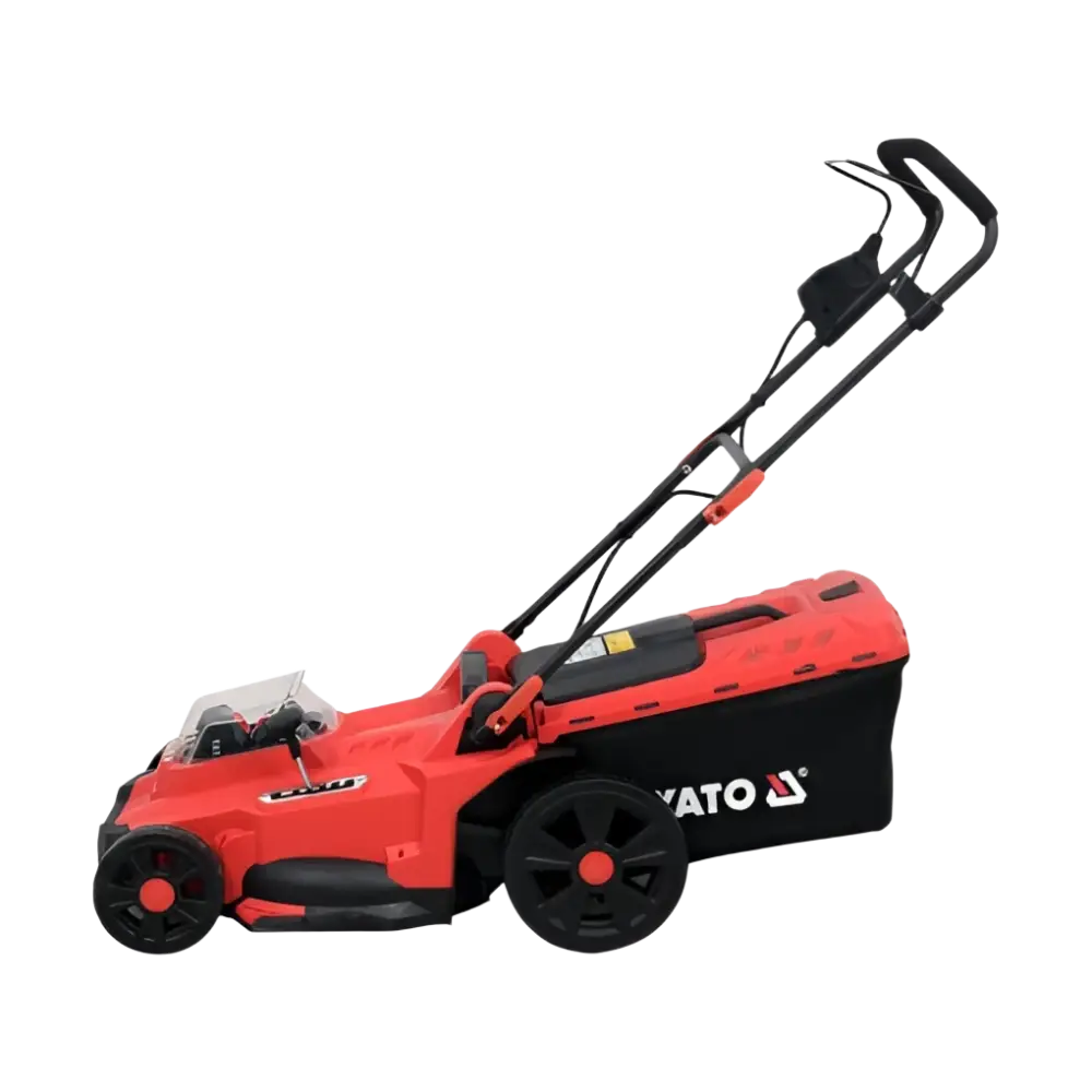 Yato 18v akkuruohonleikkuri punainen ja musta sähköinen 43 cm leikkuuleveydellä ja 2x4.0 ah li-ion akuilla