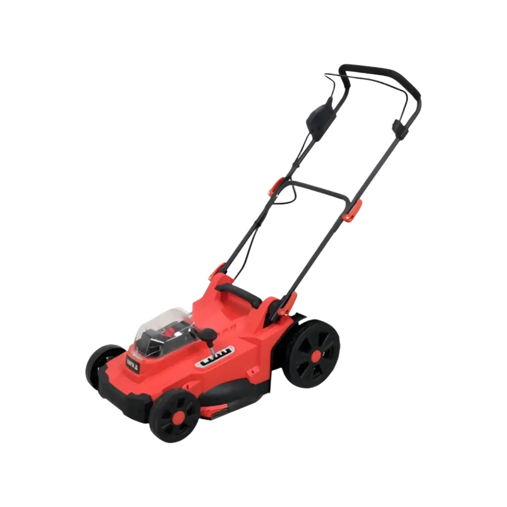 Yato 18v akkuruohonleikkuri punainen ja musta sähkökäyttöinen 43 cm leikkuuleveydellä 2 x 18v li-ion akuilla