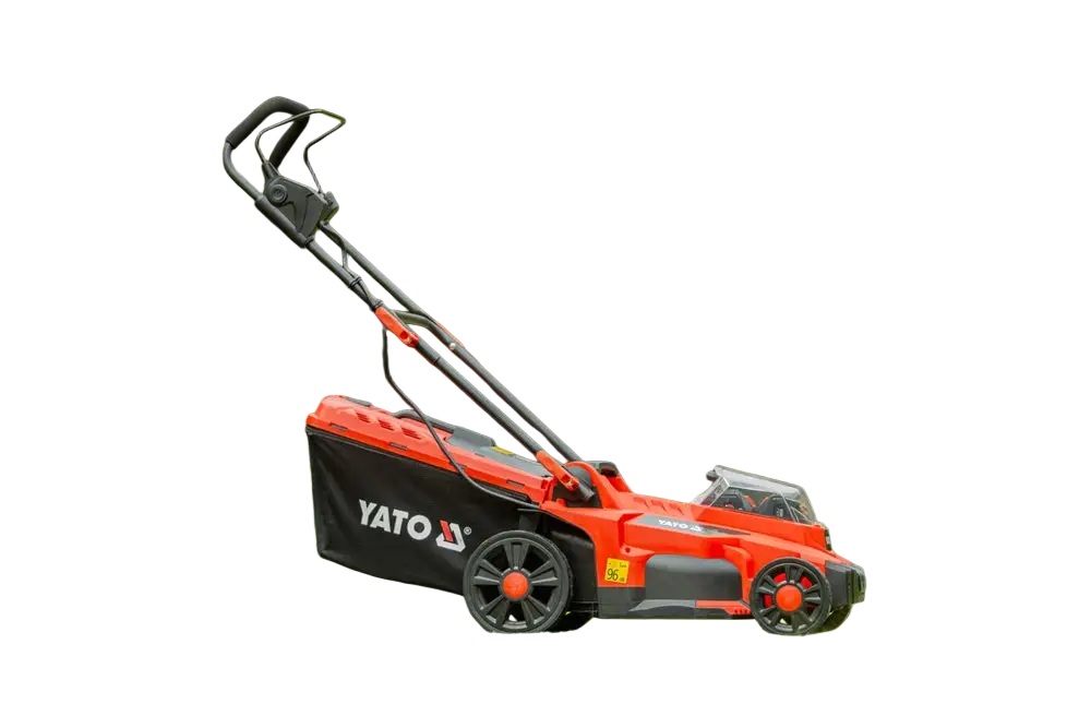 Yato akkuruohonleikkuri 18v li-ion 43 cm puna-musta sähköinen modernilla muotoilulla ja 2x4.0 ah akulla ja laturilla