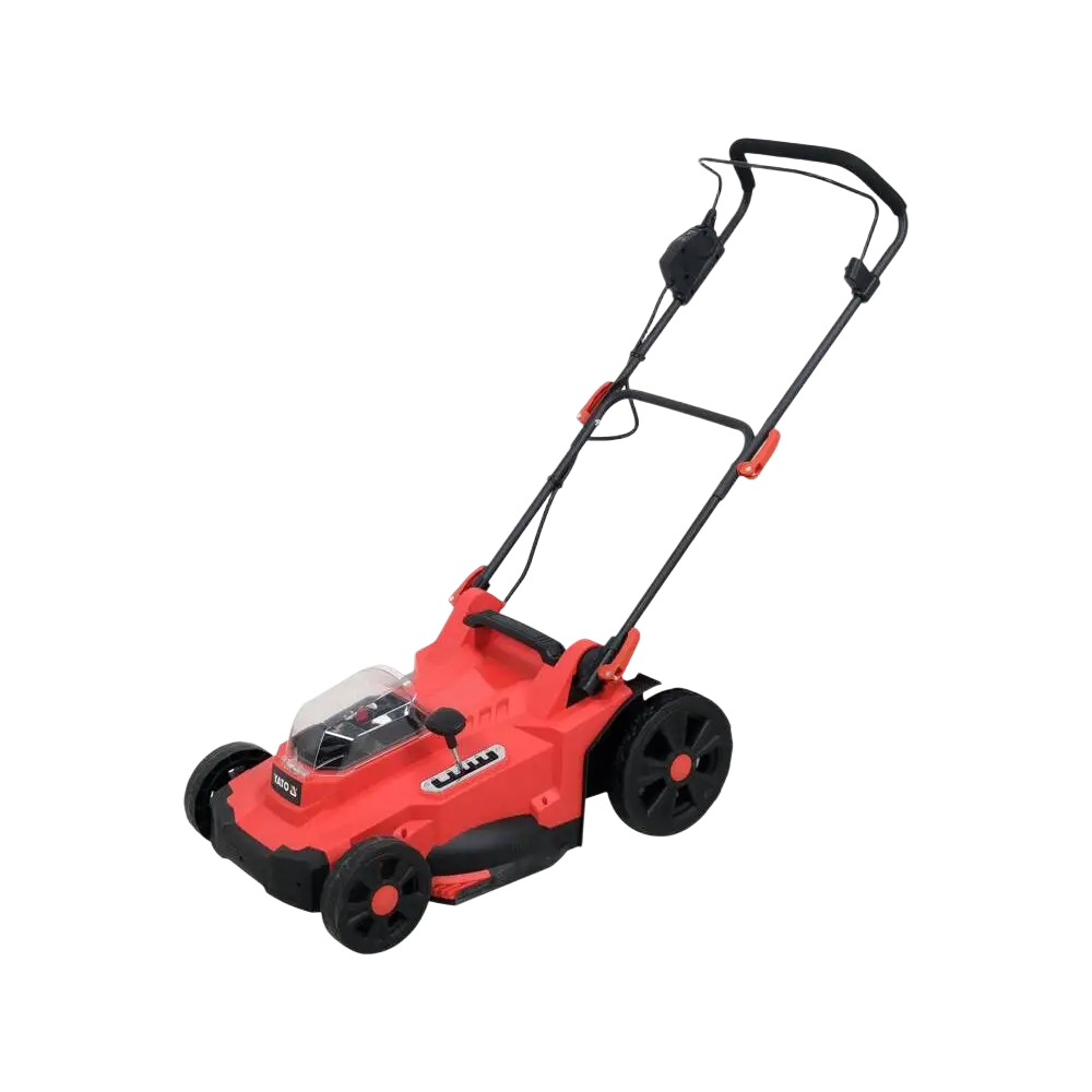 Yato akkuruohonleikkuri 18v li-ion sähköinen ruohonleikkuri punainen ja musta kestävä muovinen runko 43 cm leveä