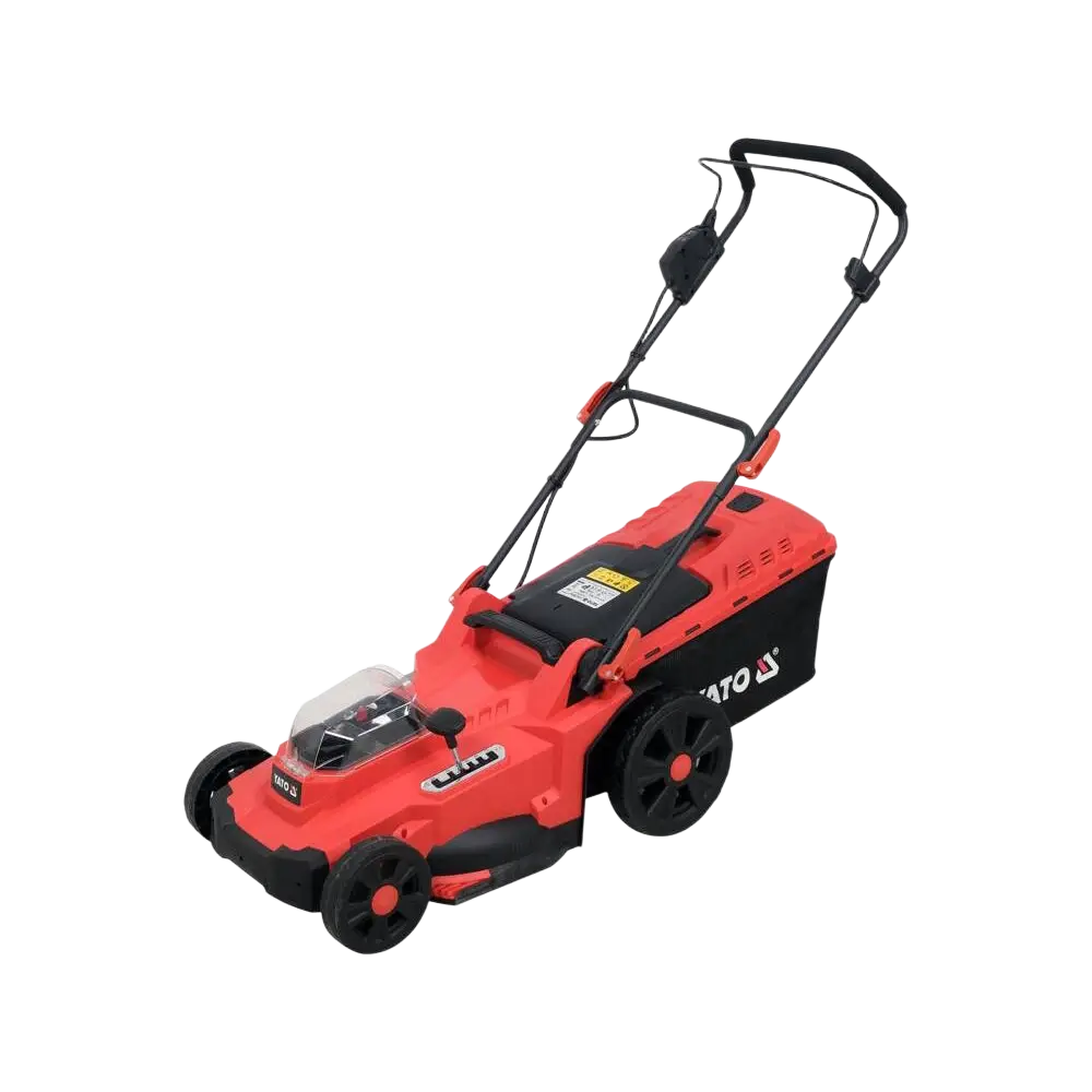Punainen ja musta yato akkuruohonleikkuri 2 x 18v li-ion 43 cm runko kestävällä muovikuorella ja vahvoilla pyörillä