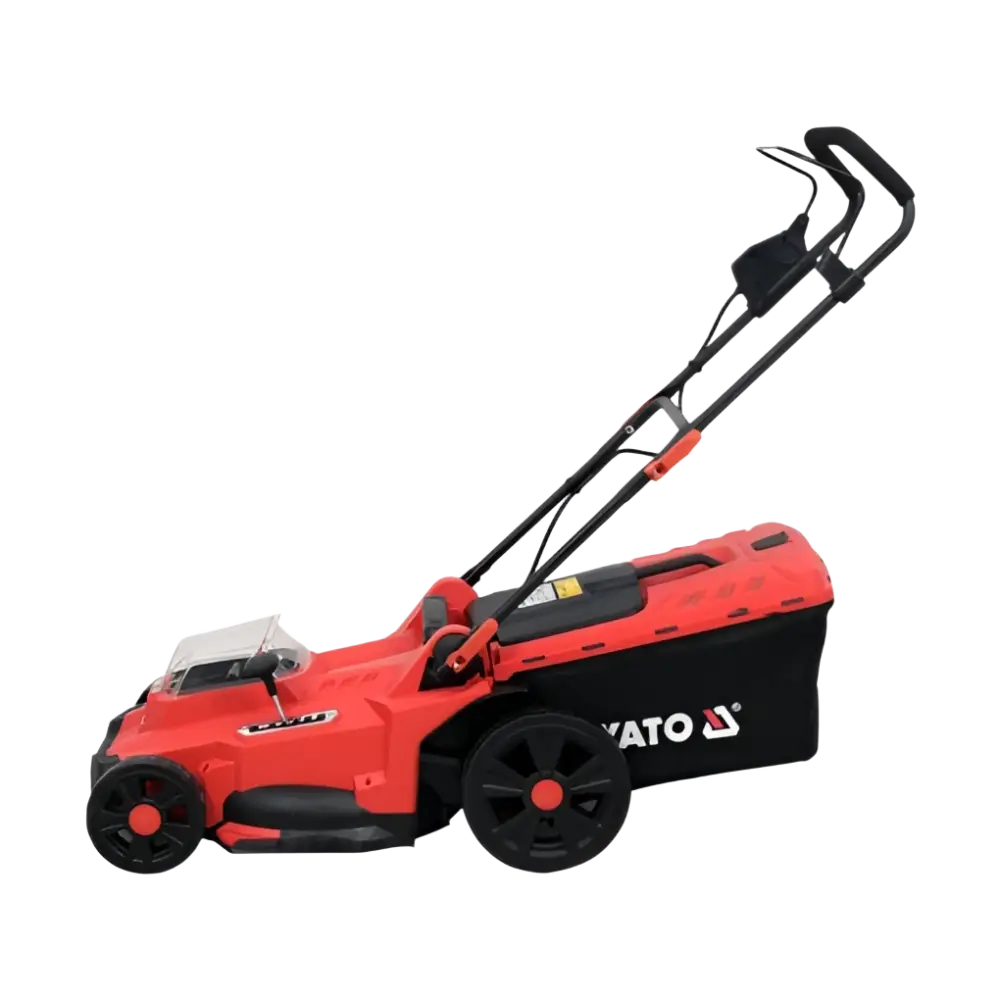 Punainen ja musta yato akkuruohonleikkuri 2 x 18v li-ion akulla ja 43 cm rungolla modernilla muotoilulla