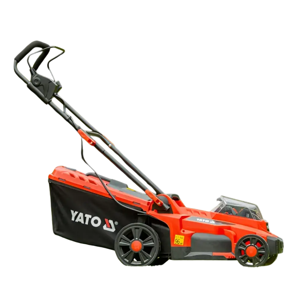 Punainen ja musta yato akkuruohonleikkuri 18v li-ion akkuilla 43 cm leveä moderni sähköinen runko