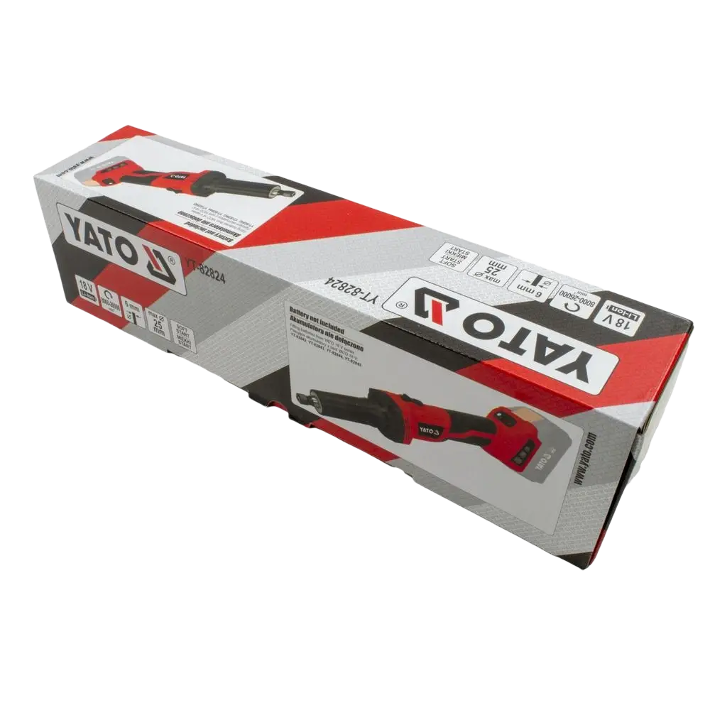 Red and black yato akkusuorahiomakone 18v cordless angle grinder in retail packaging