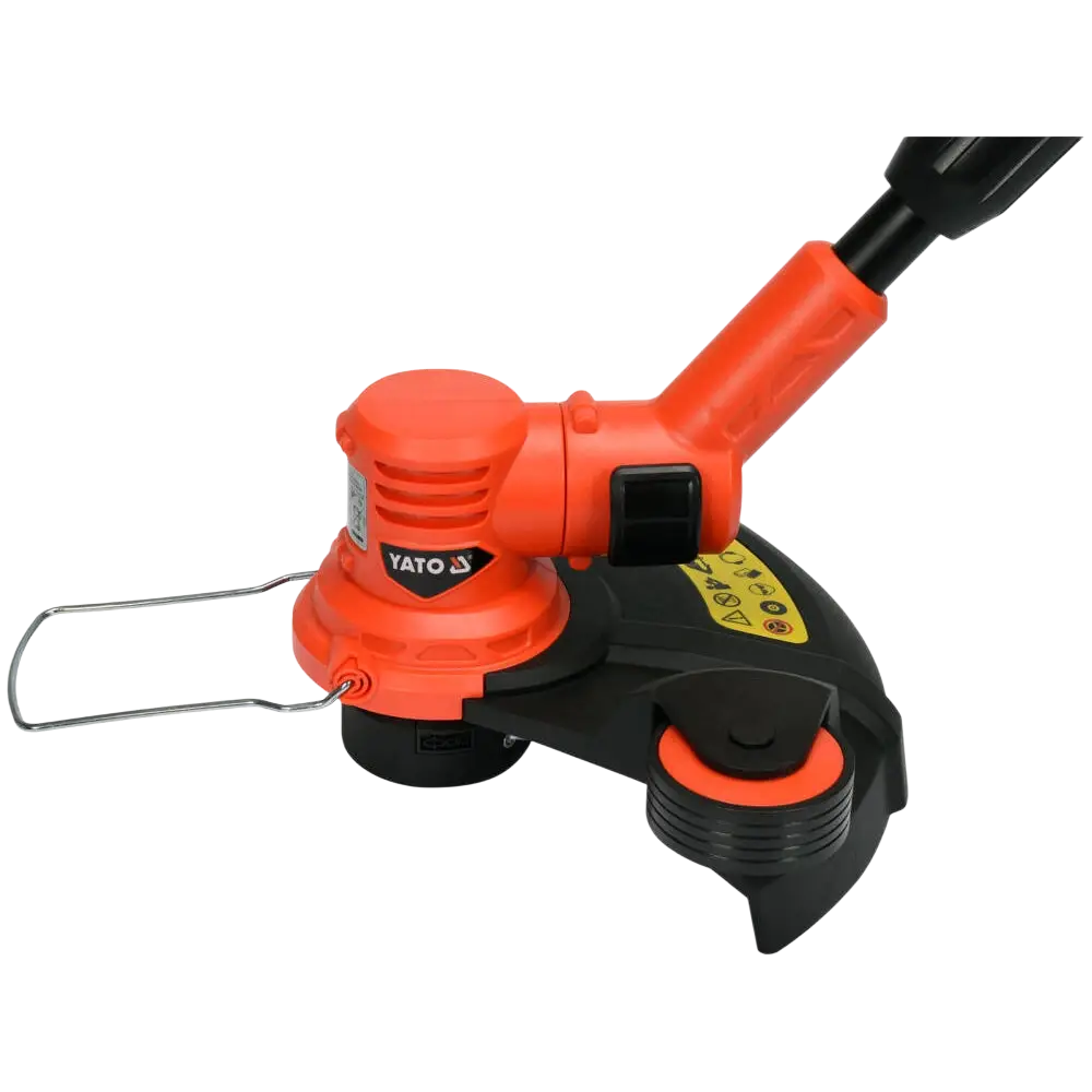 Orange ja musta yato akkutrimmeri 18v ergonomisella kahvalla ja metallisella suojuksella leikkuutyöhön